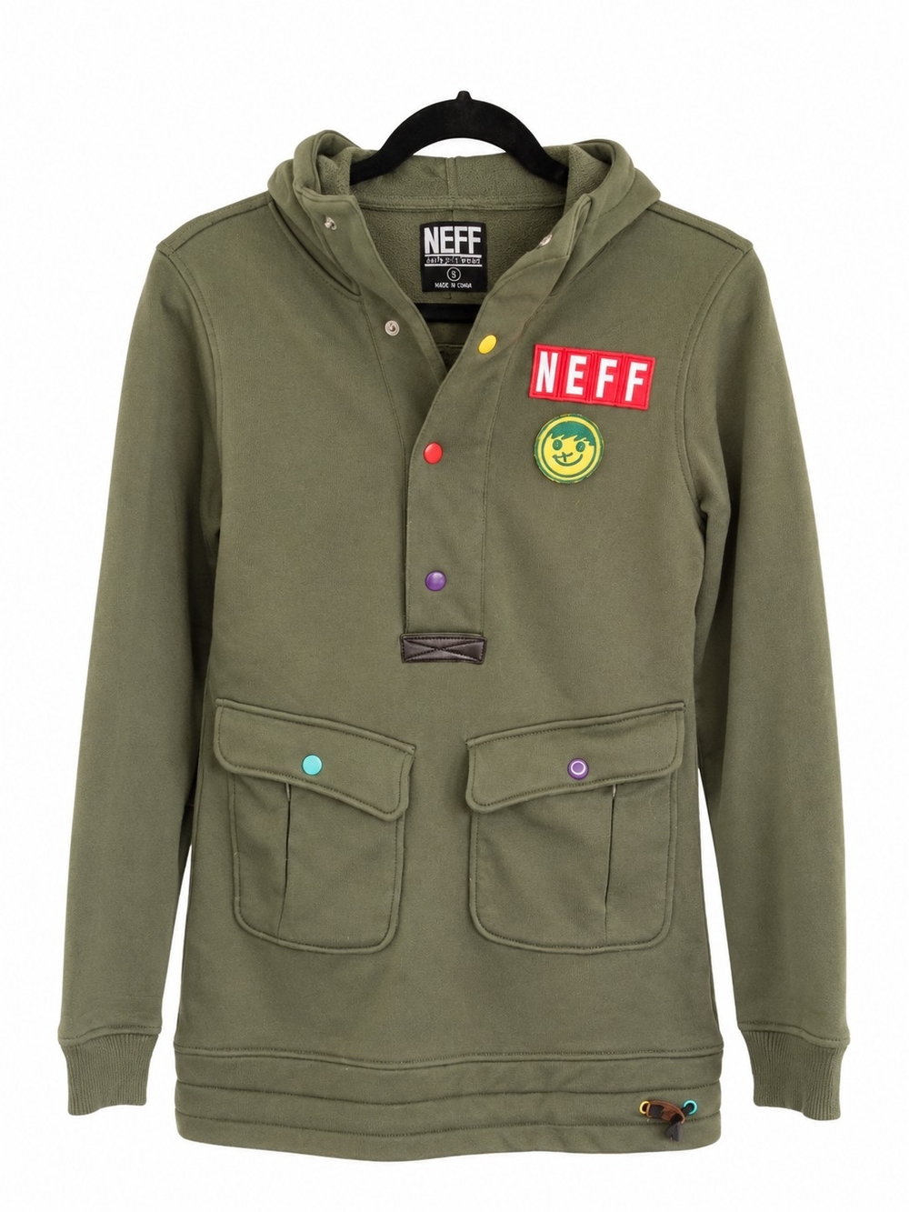 Neff Olive Green Women's Hoodie with Multicolor Snap Accents